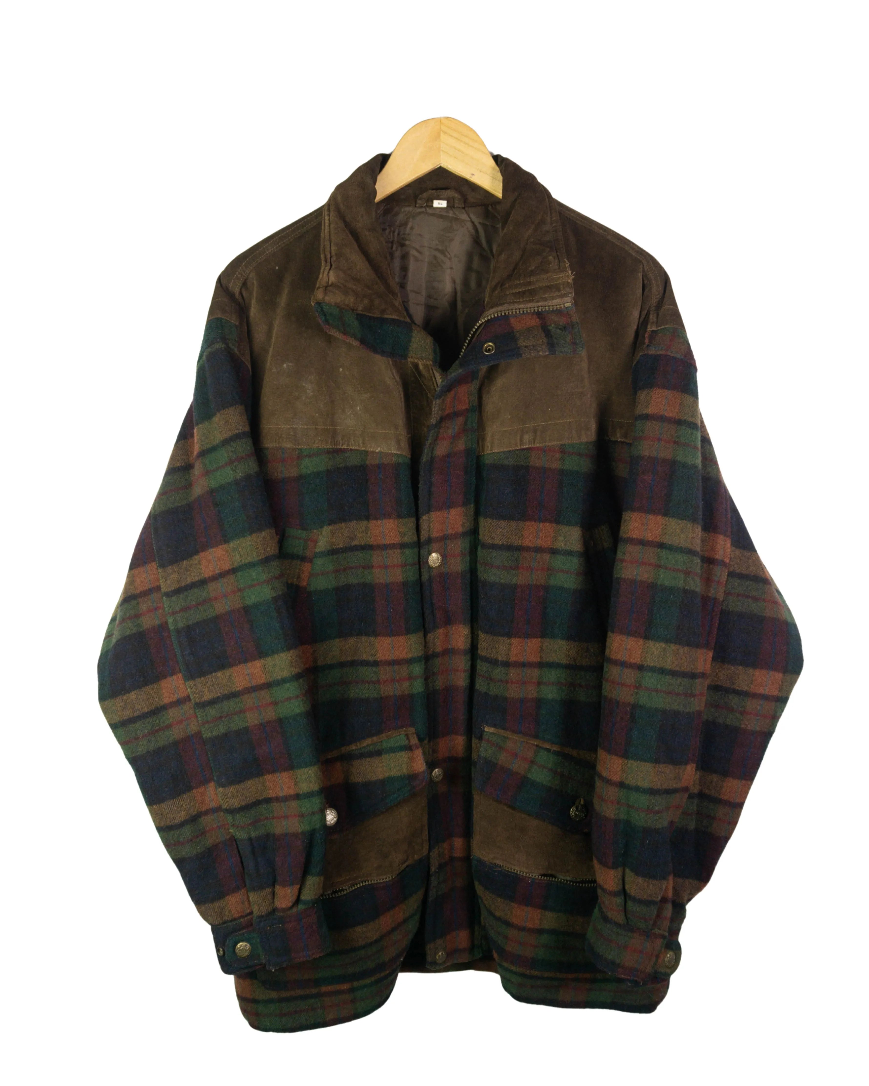 Chaqueta larga de cuadros vintage lana/ante marrón XL